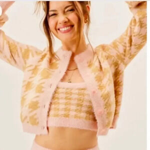 FOR LOVE & LEMONS Cher Cardigan Valentine Pink Tan XS Clueless Preppy Academia